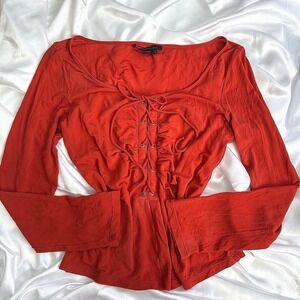 BCBGMAXAZRIA orange 100% Silk Lace Up Ruched Long Sleeve Top Blouse Large